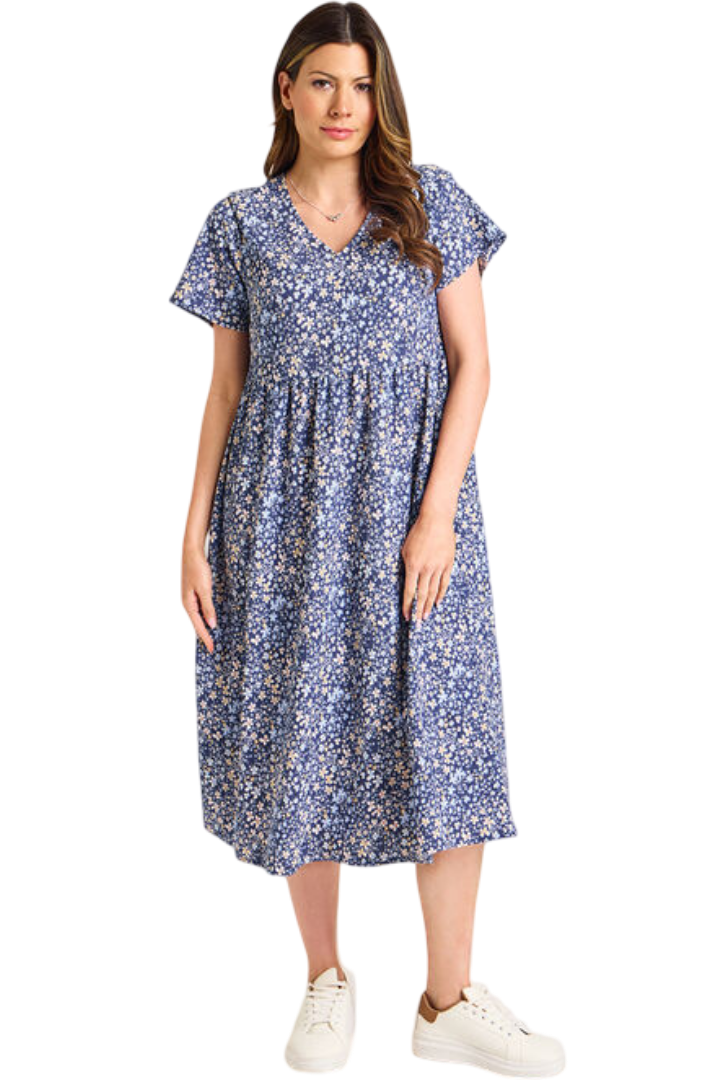 Ditsy Print Crinkle Smock Dress (Navy)
