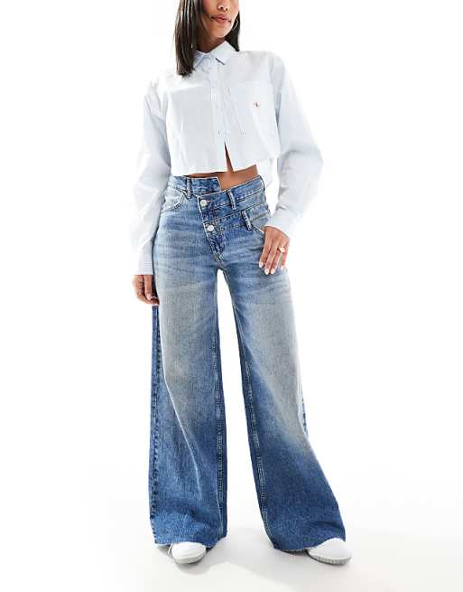 Women's: Pull&Bear Wide Leg Crossed Waistband Jeans (Medium Blue)