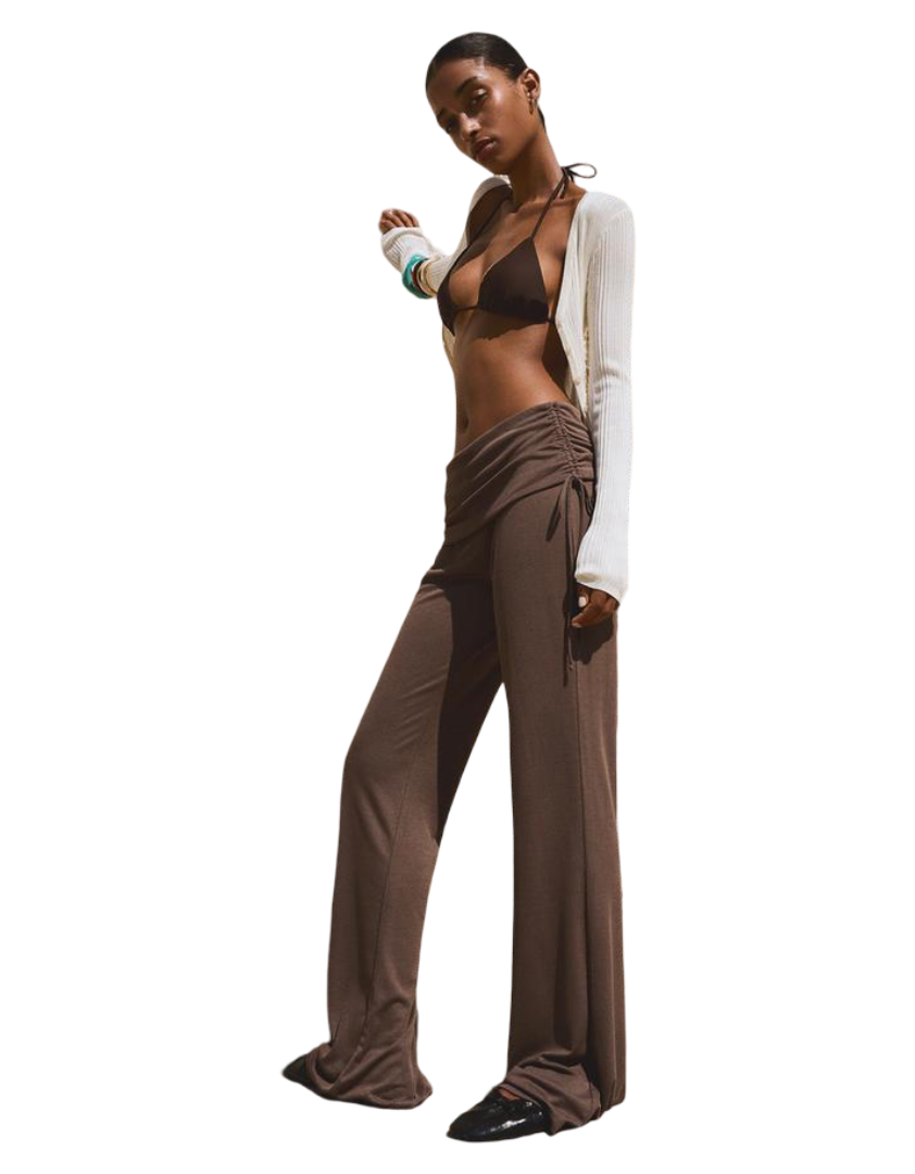 Flowing Flared Trousers With Tie (Brown)