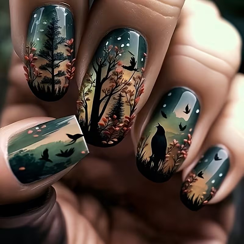 Press-on Fake Nails: Dark Night Forest (24pcs)