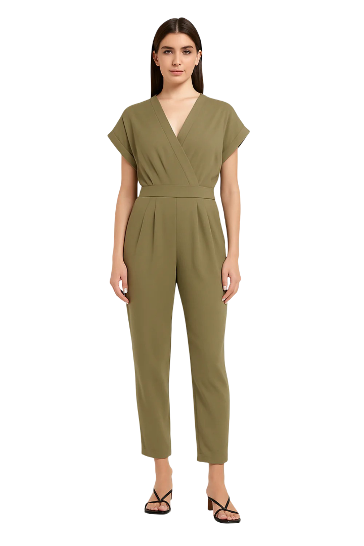 Women's Crinkle Wrap V- Neck Short Sleeve Jumpsuit