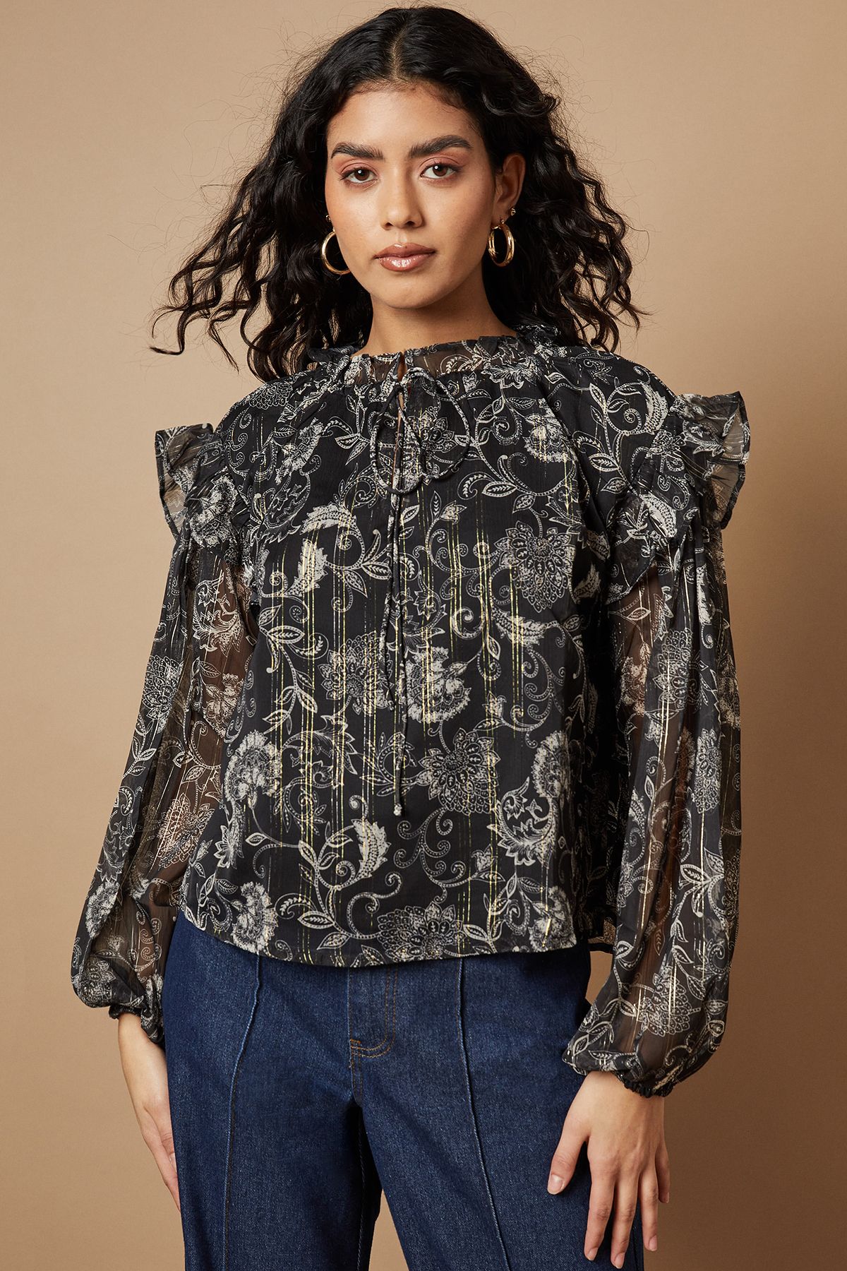 Women's Petite Paisley Metallic Chiffon Tie Neck Blouse