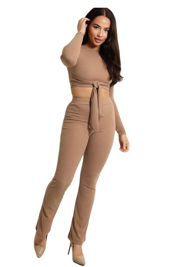 Women's Ribbed Jersey Crop Tie Top and Trousers Set