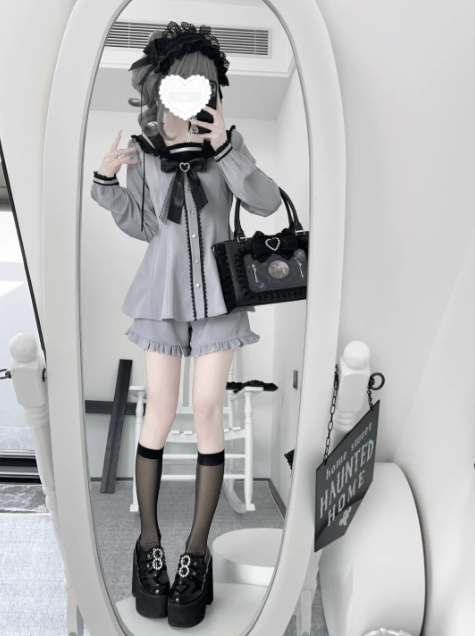Jirai Kei: Bunny-Ear Sailor Collar Dress & Shorts Set (Purple/Grey)