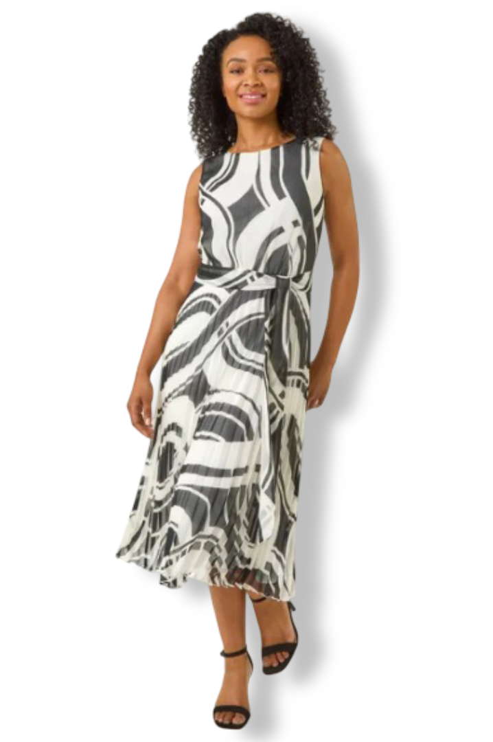 Women's Petite Tie Waist Pleated Dress (Black)