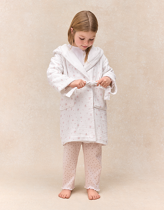 Kids' Minnie Floral Organic Double Cotton Towelling Robe (White/Pink)