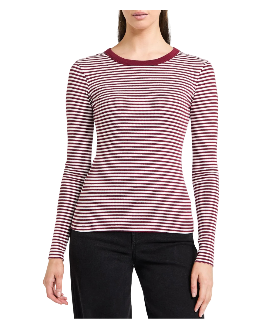 Long-Sleeved Rib Crew Neck Top (Burgundy)