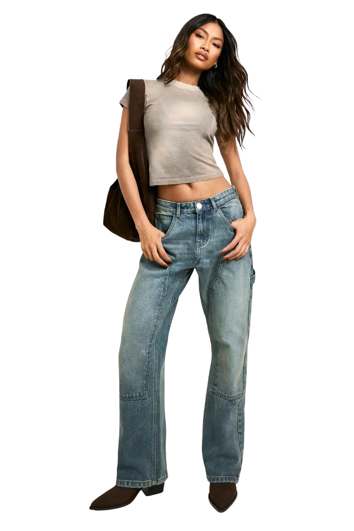 boohoo: Denim Carpenter Straight Leg Jean (Washed Blue)