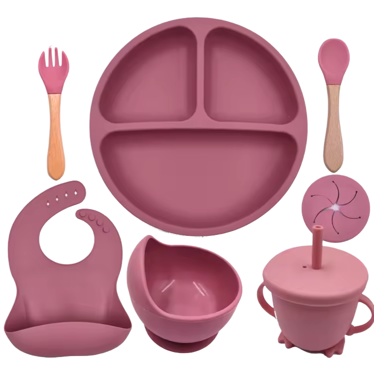 Children's Silicone Tableware Set Easy Clean Feeding Bowl with Bib Cup and Spoon Fork
