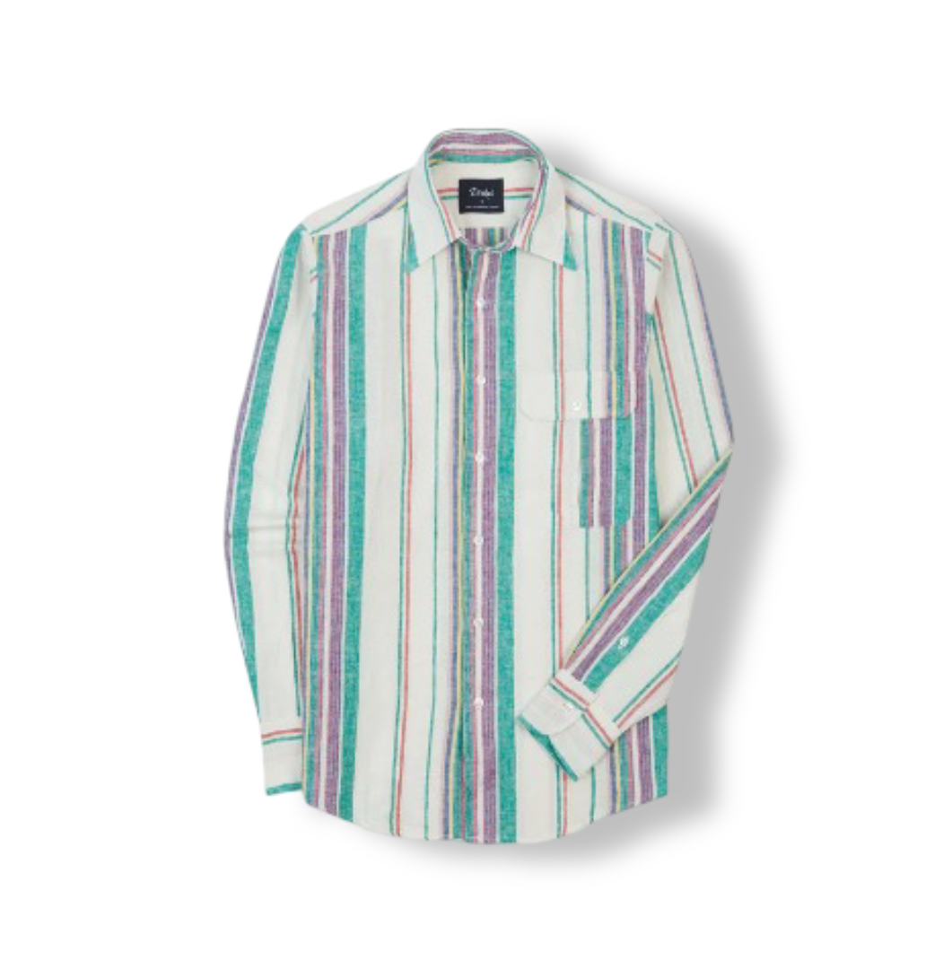 Ecru: Stripe Linen-Cotton Long Point Collar Shirt (Purple/Green)