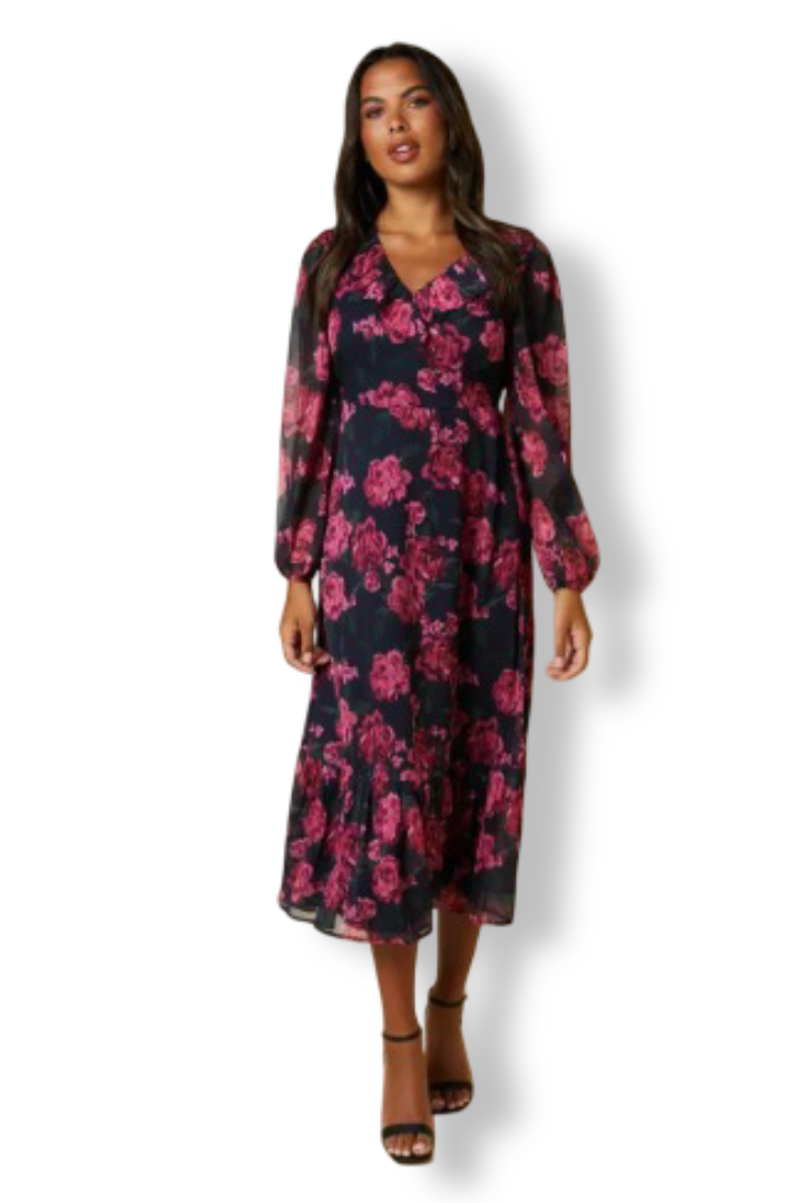 Women's  Blurred Floral Chiffon Ruffle Neck Long Sleeve Midi Dress (Pink)