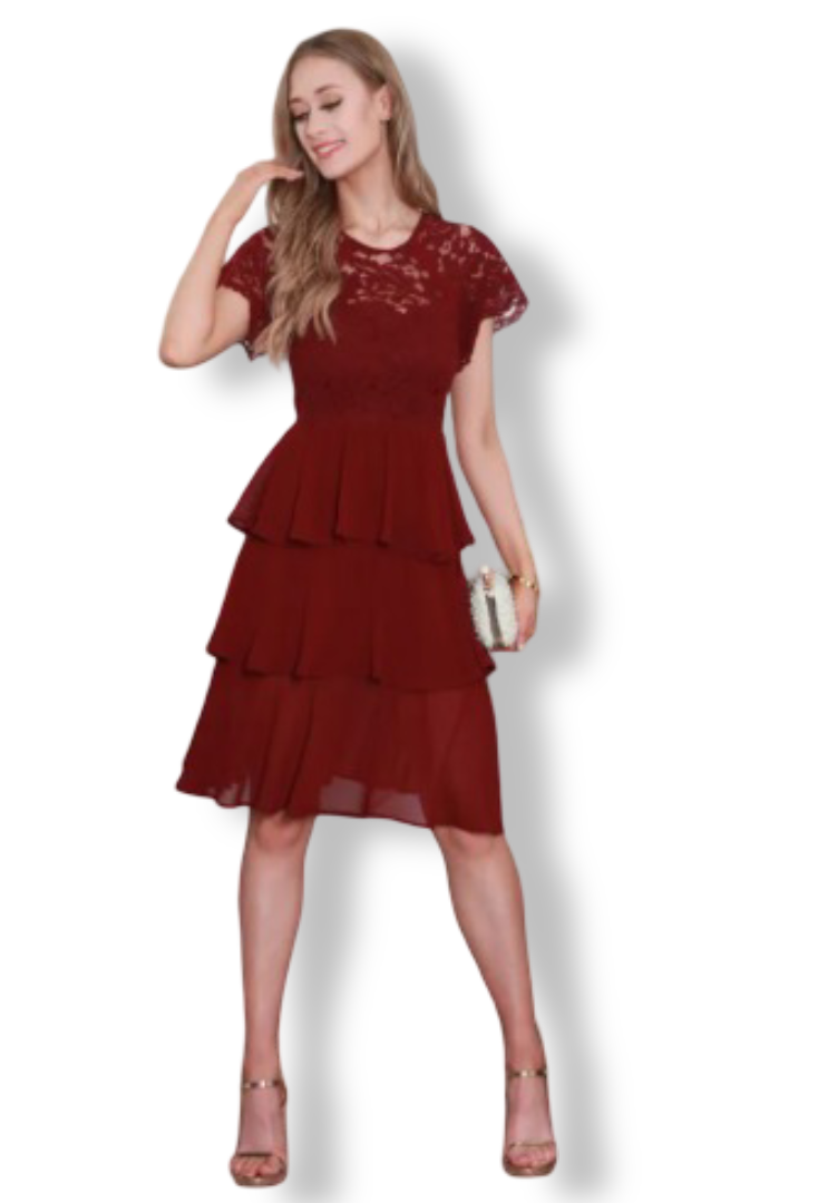 Women's Red Tiered Lace Dress (Burgandy)
