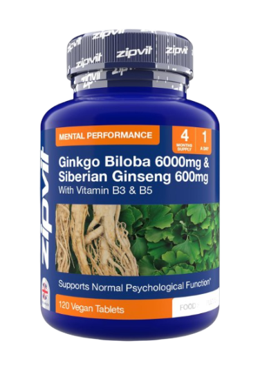 Zipvit: Ginkgo Biloba 6000mg & Siberian Ginseng 600mg with Vitamin B3 & B5 - 120 Vegan Tablets
