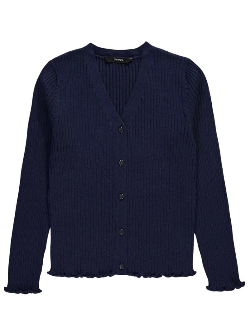 Ribbed V Neck Lettuce Edge Cardigan (Navy)
