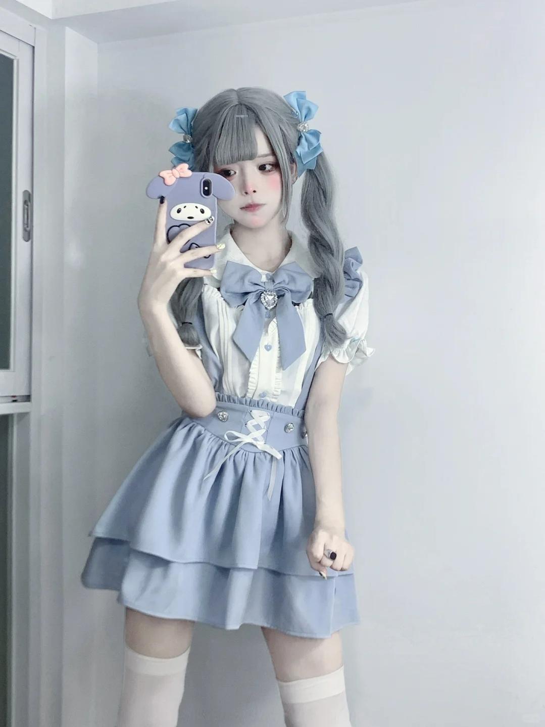 Jirai Kei: Blouse & Skirt Set (White Blouse Pink/Blue Skirt)