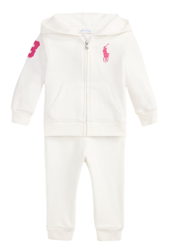 Girl's Big Pony Fleece Zip Hoodie & Pant Set (White)