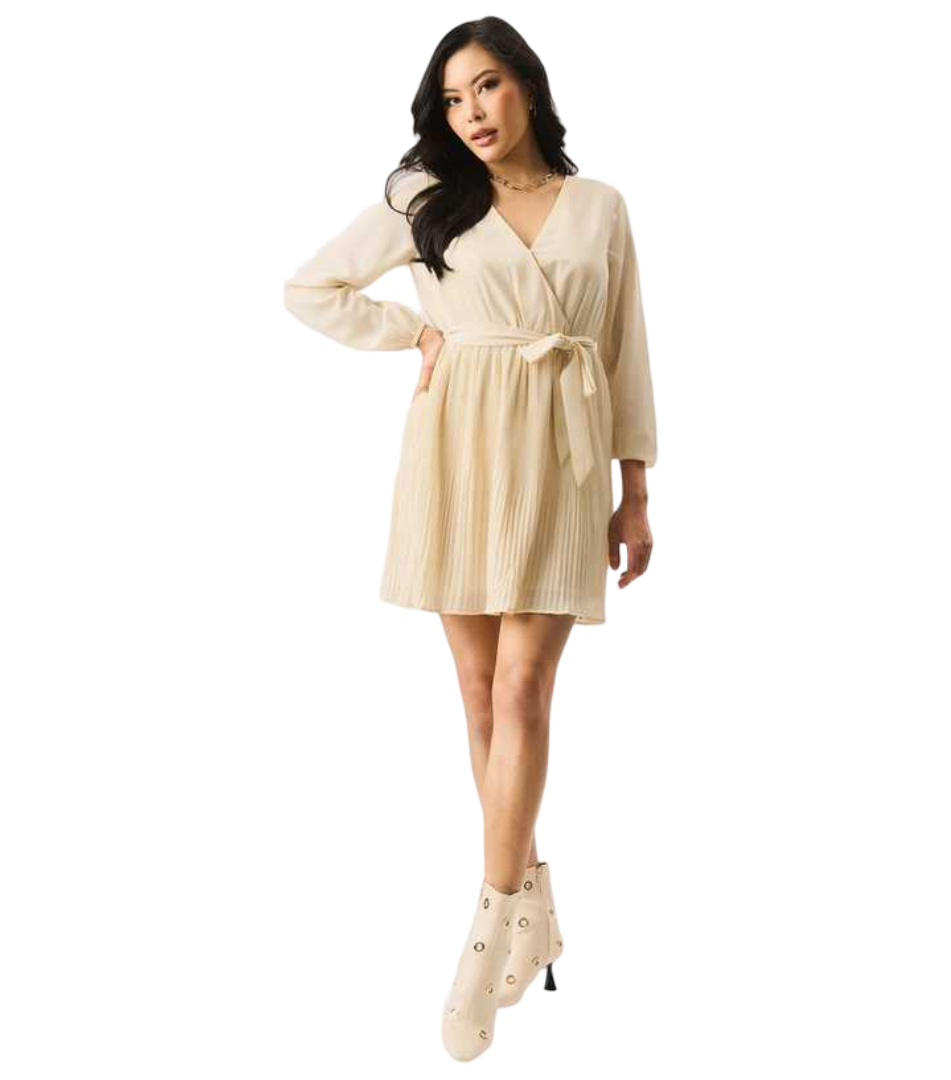 Gini London Long Sleeve Mini Wrap Dress (Cream)