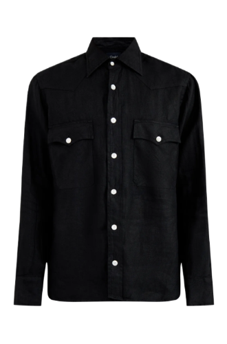 Drakes: Linen Two-Pocket Twill Shirt (Black)