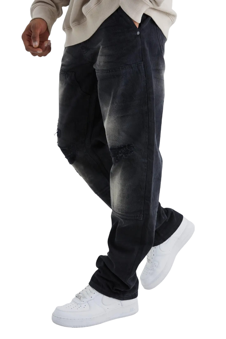 boohooMAN: Relaxed Rigid Dirty Wash Carpenter Jeans (Black)