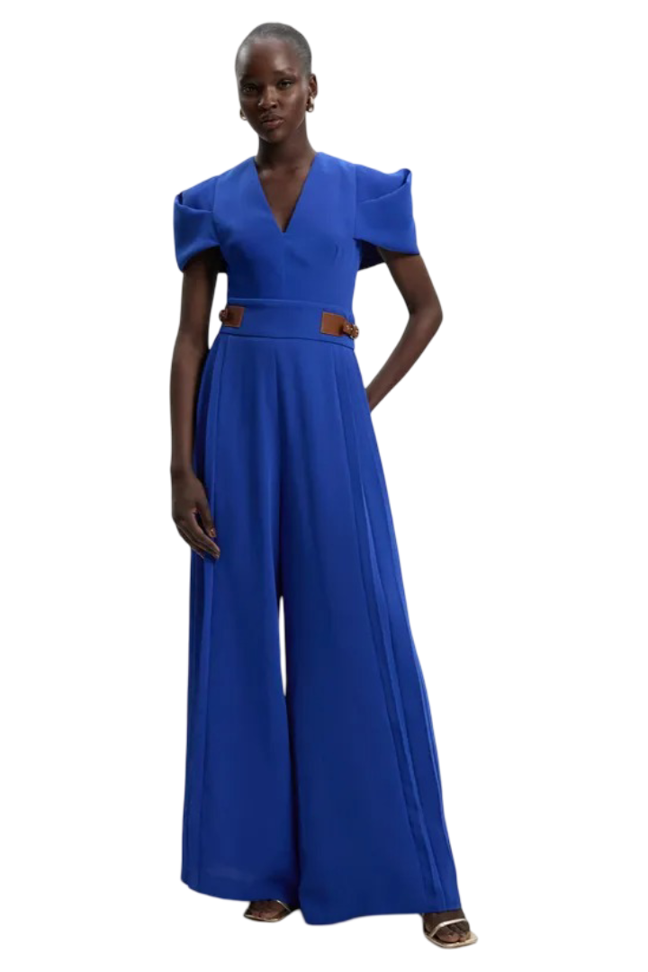 Soft Tailored Crepe Tab Detail Pleated Jumpsuit (Cobalt)
