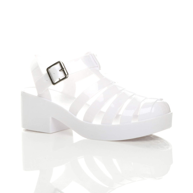 Women's Mid Block Heel Gladiator Jelly Sandals (White)