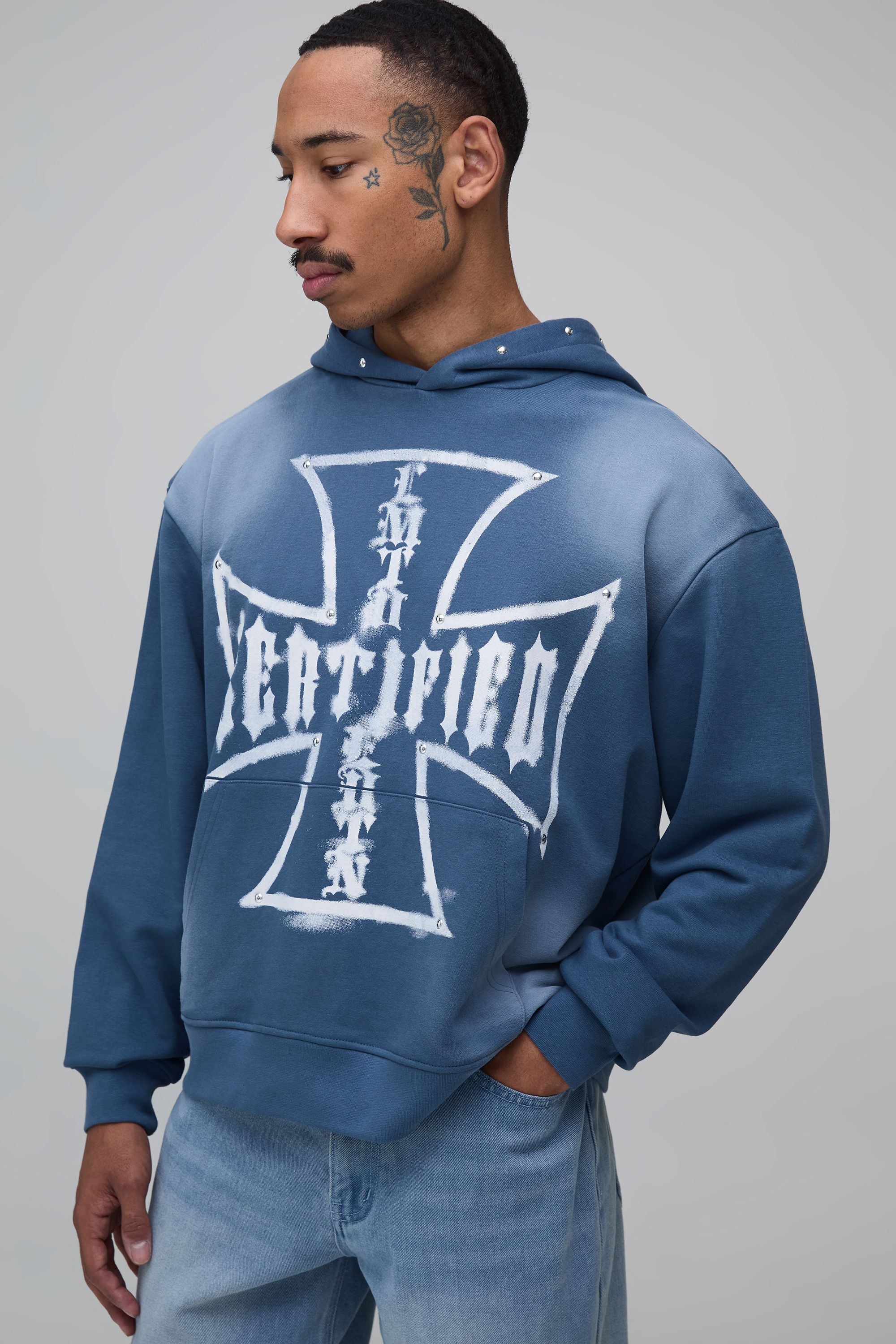 Oversized Boxy Embellished Spray Wash Print Loopback Hoodie