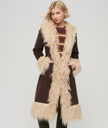 Women's Faux Fur Lined Longline Afghan Coat