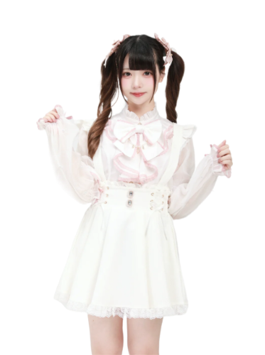 Jirai Kei: Blouse With Pearl Bowtie (White/Pink)