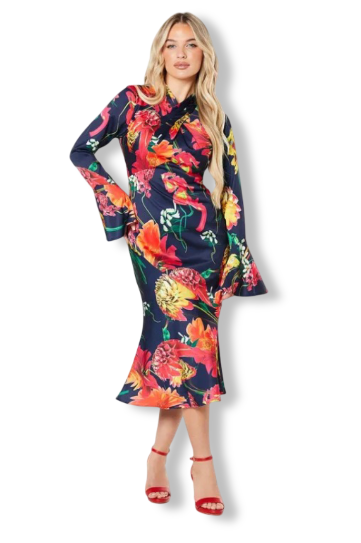 Women's Petite Printed Cross-Neck Midi Dress (Navy)