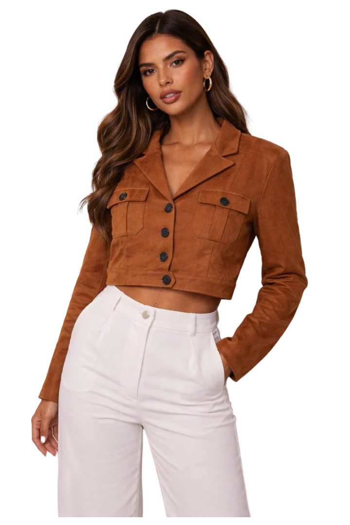 Women's Faux Suede Flap Pocket Cropped Utility Jacket