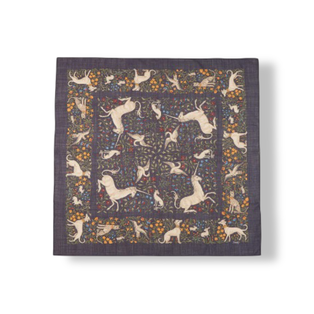 Navy Unicorn Print Wool-Silk Square Scarf