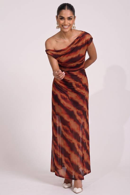 Women's Mesh Asymmetrical Off-Shoulder Maxi Dress (Blue)