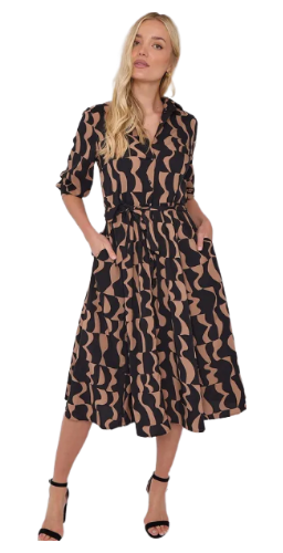 Love Sunshine Geometric Printed Half Sleeve Midi Shirt Dress (Brown)