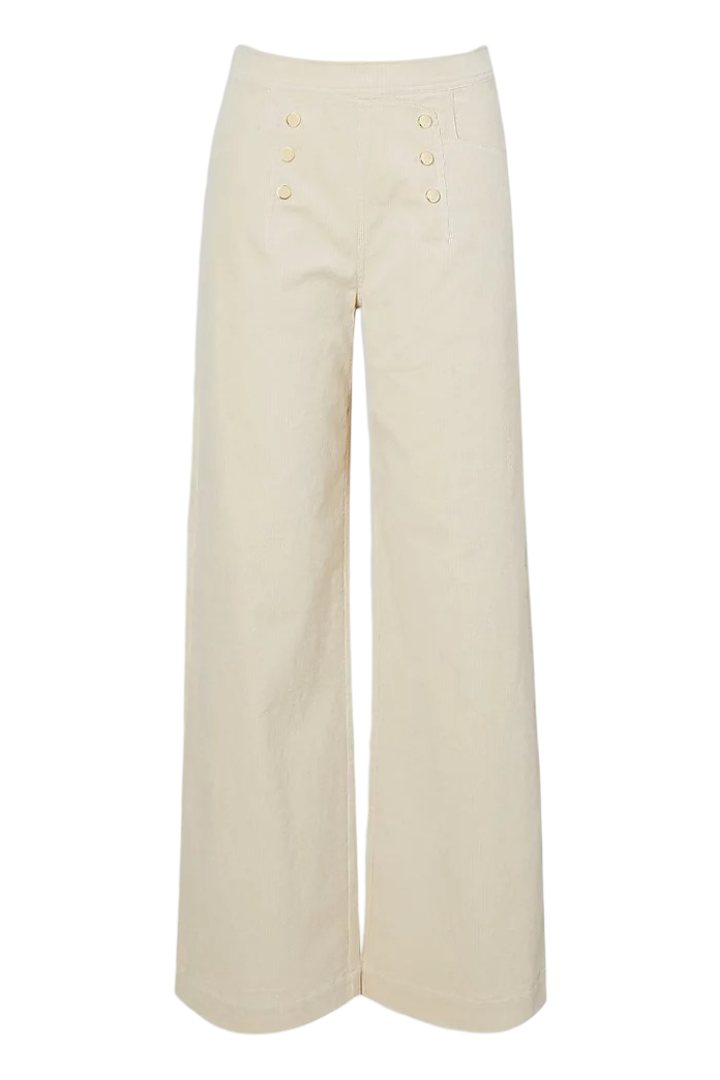 Stretch Cord Button Front Wide Leg Trouser (Cream)