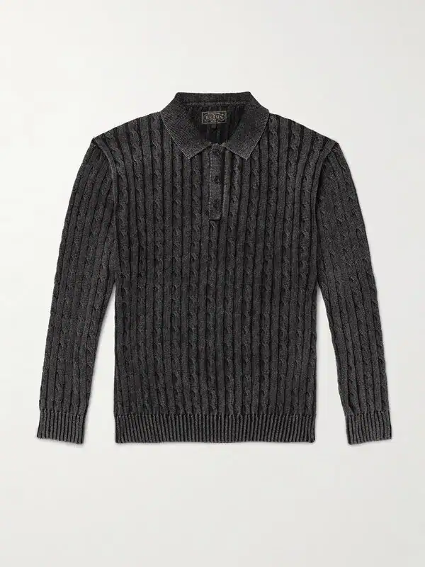 Men's BEAMS PLUS Cable-Knit Cotton Polo Shirt (Black)