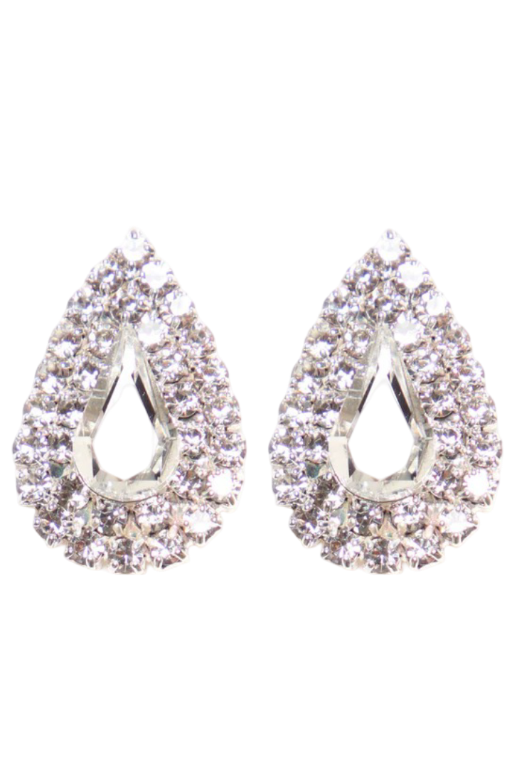 Tear Drop Rhinestone Earrings (Silver)