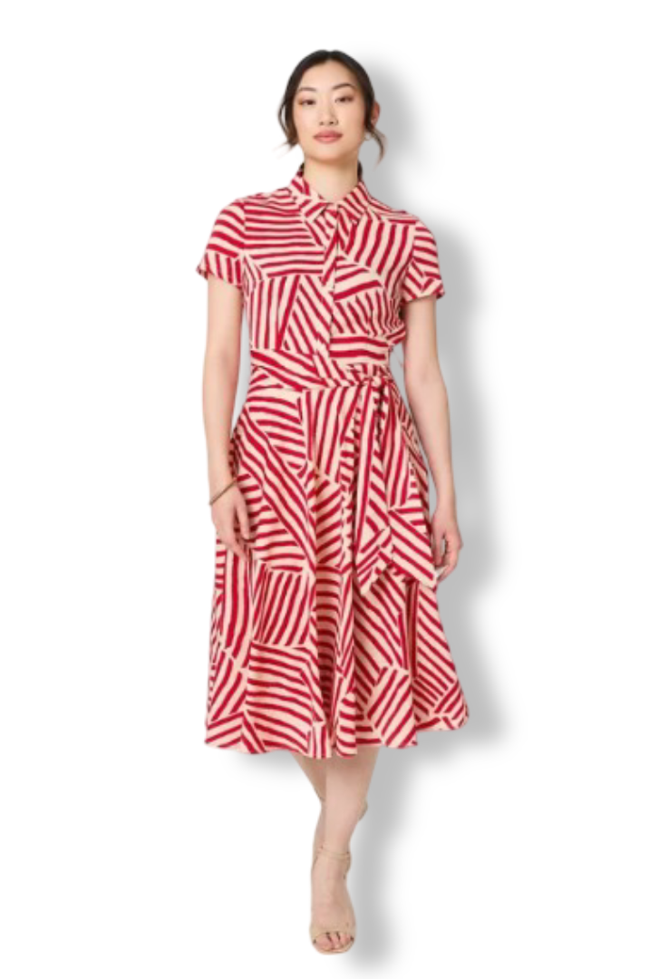 Women's Striped Tie Waist Midi Dress (Red)