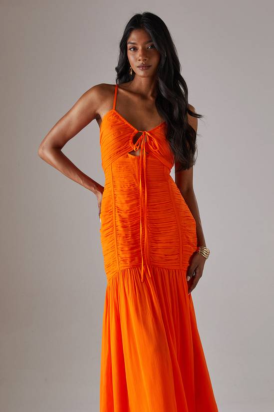 Women's Chiffon Gathered Channel Strappy Midi Dress