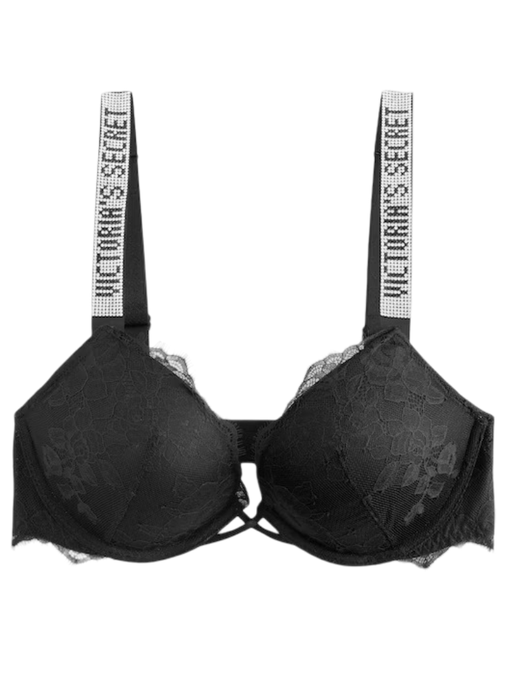 Push Up Lace Shine Strap Bombshell Bra (Black)
