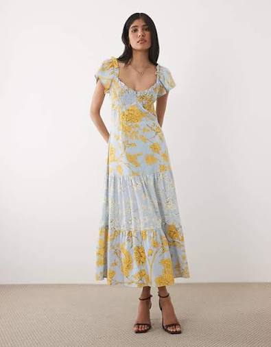 Women's: Hope & Ivy Shirred Bust Tie Back Midi Dress (Blue and Yellow Floral)