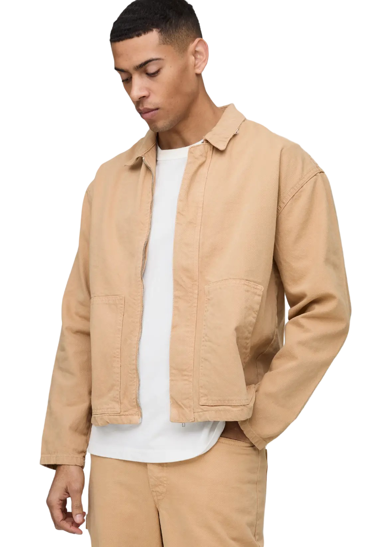 boohooMAN: Oversized Distressed Twill Overshirt (Biscuit)
