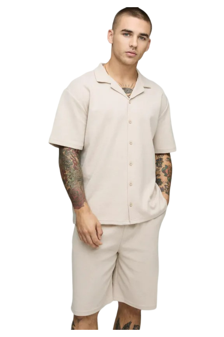BoohooMan: Waffle Oversized Short Sleeve Shirt & Relaxed Short Set (Oatmeal)