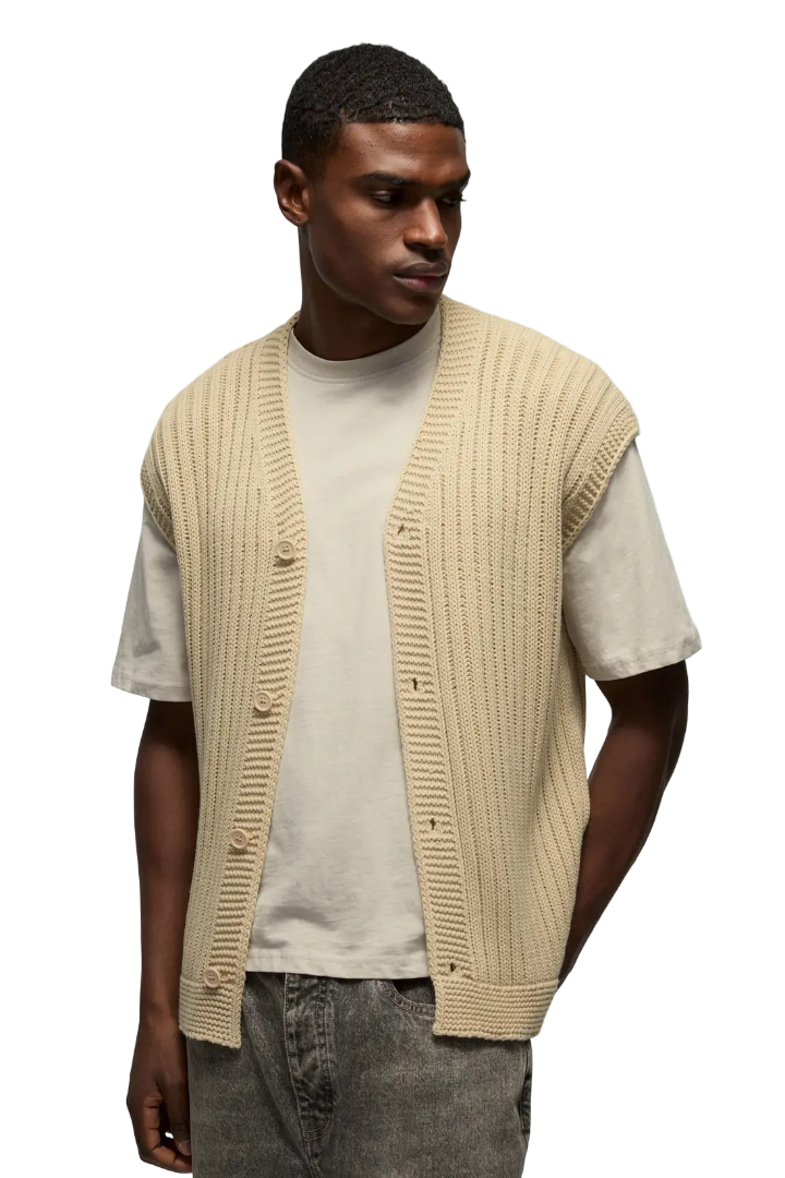 boohooMAN: Oversized V Neck Button Up Knitted Vest (Ecru)