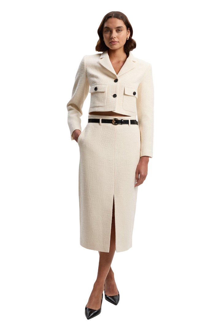 Textured Tweed Belted Tailored Pencil Skirt (Cream)
