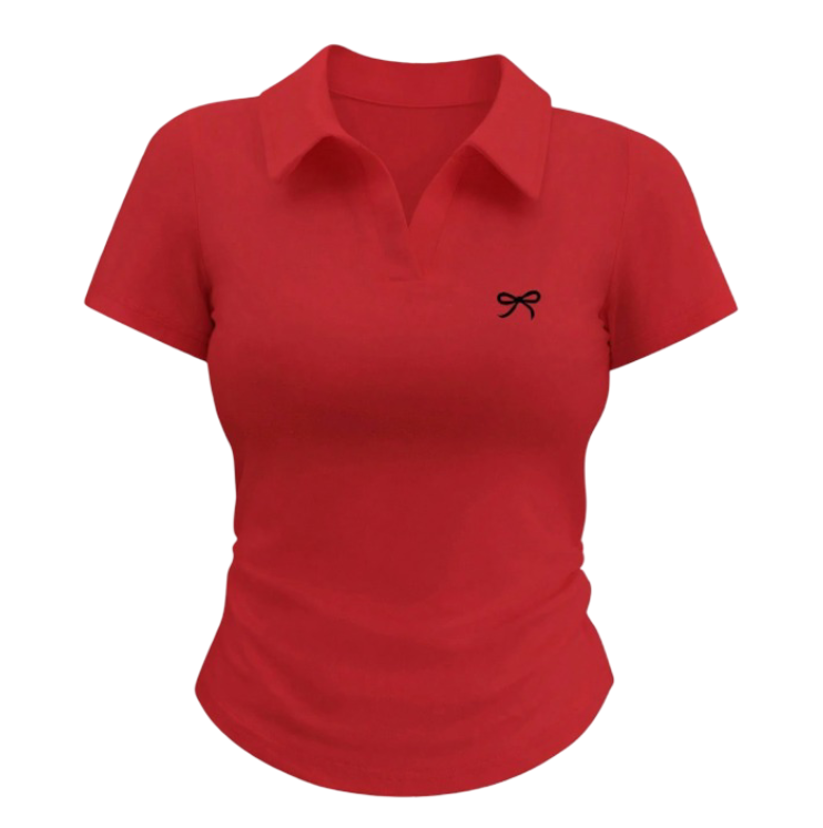 Women's Bow Embroidery Slim Fit Short Sleeve Polo T-Shirt