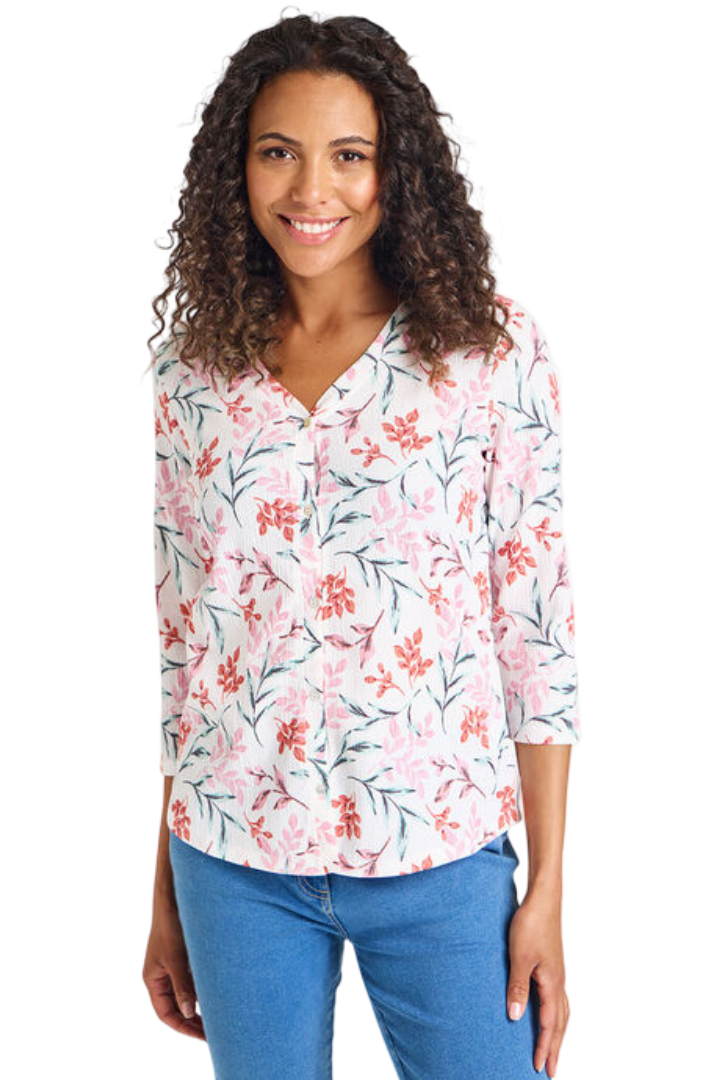 Floral Print Button Through Textured Shirt (Ivory)