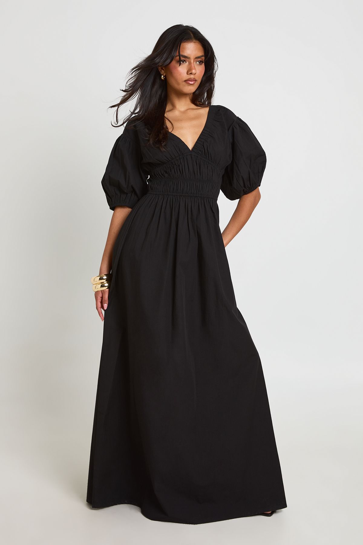Women's Cotton Poplin Shirred Bodice V Neck Puff Sleeve Maxi Dress