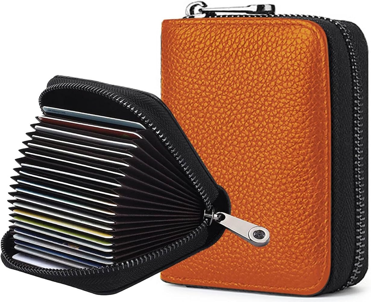 KUVAO: RFID Blocking Leather Credit Card Holder Zipper Wallet Accordion 20 Slots (Black)