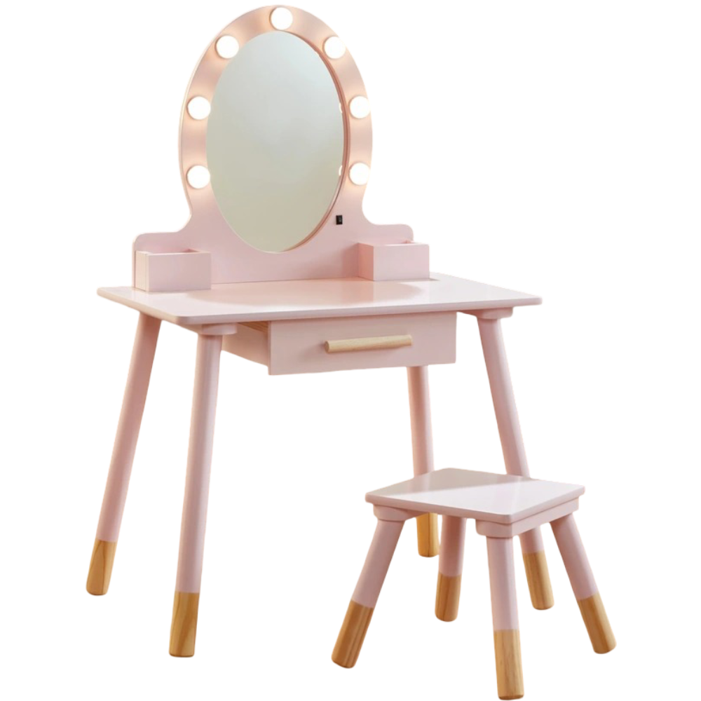 Dimples: Wooden Light-Up Vanity Table with Stool