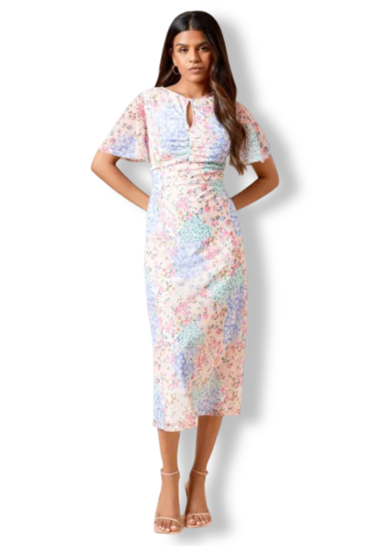 Women's Petite Floral Angel Sleeve Midi Dress (Floral)